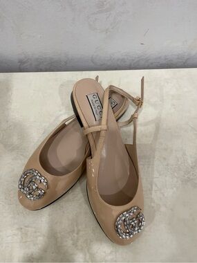 Authentic Gucci Nude Patent Slingback Flats with Crystal Double G